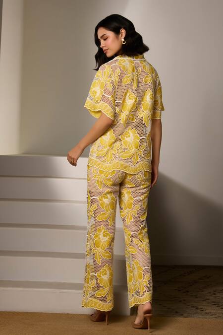 Shop Label Deepika Nagpal Yellow Mesh Embroidery Collared Bonnie Sunshine Pant Co-ord Set at Aza Fashions Shop_Label Deepika Nagpal_Yellow Mesh Embroidery Collared Bonnie Sunshine Pant Co-ord Set_at_Aza_Fashions