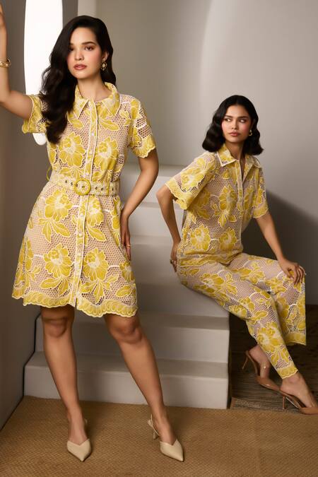 Buy Label Deepika Nagpal Yellow Mesh Embroidery Collared Bonnie Sunshine Pant Co-ord Set Online at Aza Fashions Buy_Label Deepika Nagpal_Yellow Mesh Embroidery Collared Bonnie Sunshine Pant Co-ord Set_Online_at_Aza_Fashions