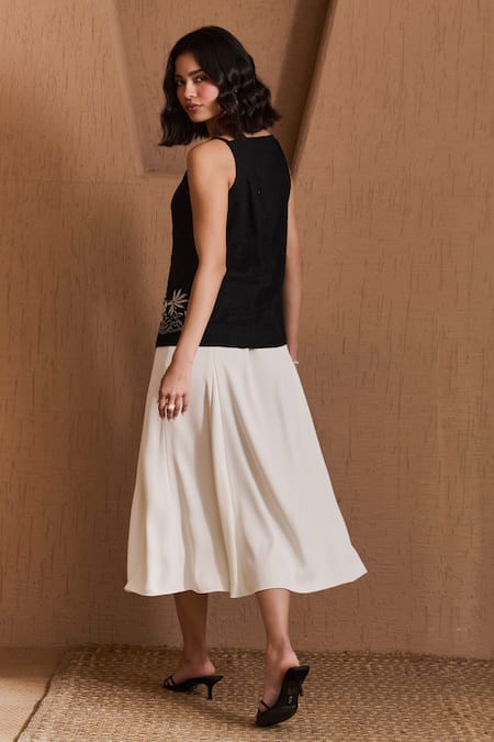 Shop_Label Deepika Nagpal_Black Cotton, Linen Embroidery Square Neck Zora Skirt Co-ord Set  _at_Aza_Fashions