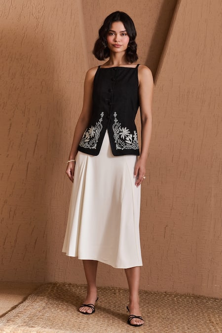 Label Deepika Nagpal Black Cotton, Linen Embroidery Square Neck Zora Skirt Co-ord Set  
