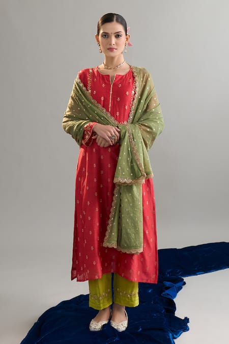 Anantaa By Roohi X AZA Red Silk, Chanderi Sequins, Zari, Embroidery Round Neck Kurta Pant Set Online at Aza Fashions Anantaa By Roohi X AZA_Red Silk, Chanderi Sequins, Zari, Embroidery Round Neck Kurta Pant Set _Online_at_Aza_Fashions