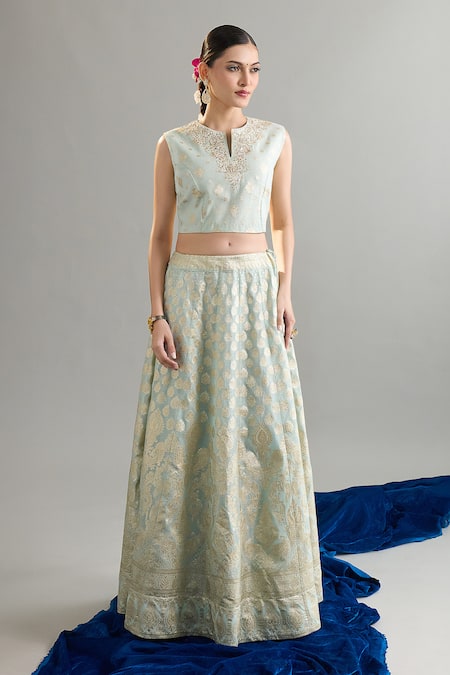Buy_Anantaa By Roohi X AZA_Blue Silk, Brocade, Chanderi Sequins, Zari Round Light Embroidered Lehenga Set _Online_at_Aza_Fashions