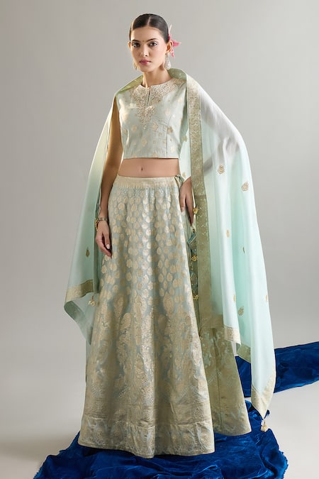 Shop_Anantaa By Roohi X AZA_Blue Silk, Brocade, Chanderi Sequins, Zari Round Light Embroidered Lehenga Set _Online_at_Aza_Fashions