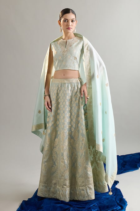 Anantaa By Roohi X AZA_Blue Silk, Brocade, Chanderi Sequins, Zari Round Light Embroidered Lehenga Set _at_Aza_Fashions