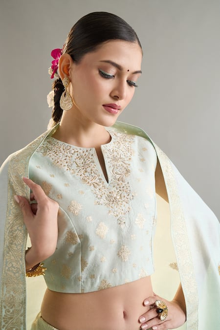 Buy_Anantaa By Roohi X AZA_Blue Silk, Brocade, Chanderi Sequins, Zari Round Light Embroidered Lehenga Set 