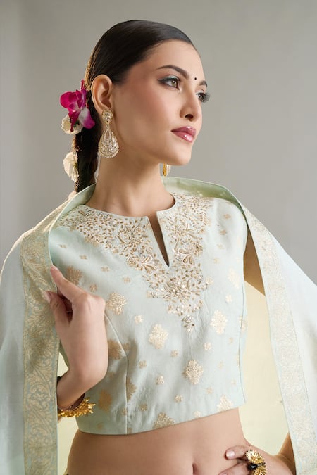 Shop_Anantaa By Roohi X AZA_Blue Silk, Brocade, Chanderi Sequins, Zari Round Light Embroidered Lehenga Set 