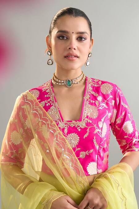 Buy_Anantaa By Roohi X AZA_Green Chanderi Cotton, Organza Sequins, Pearls Embroidered Lime Lehenga Set _Online_at_Aza_Fashions