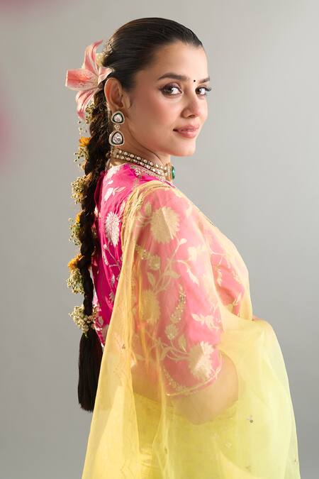 Shop_Anantaa By Roohi X AZA_Green Chanderi Cotton, Organza Sequins, Pearls Embroidered Lime Lehenga Set _Online_at_Aza_Fashions