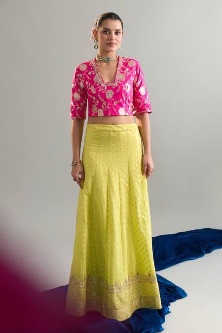 Anantaa By Roohi X AZA_Green Chanderi Cotton, Organza Sequins, Pearls Embroidered Lime Lehenga Set _at_Aza_Fashions