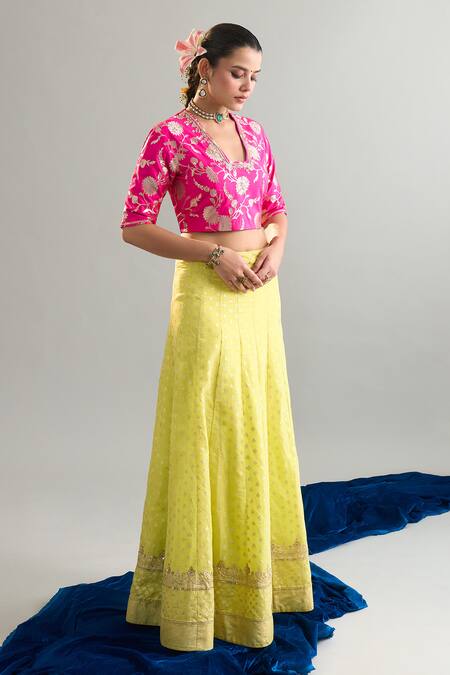 Buy_Anantaa By Roohi X AZA_Green Chanderi Cotton, Organza Sequins, Pearls Embroidered Lime Lehenga Set 