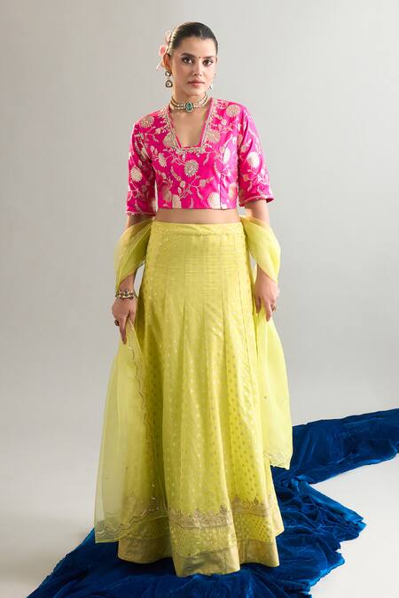 Shop_Anantaa By Roohi X AZA_Green Chanderi Cotton, Organza Sequins, Pearls Embroidered Lime Lehenga Set 