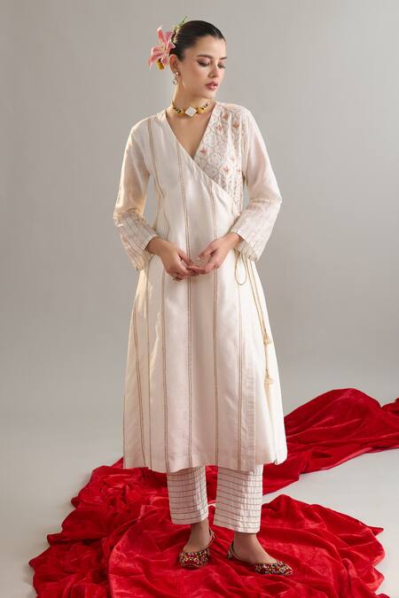 Buy Anantaa By Roohi X AZA Off White Silk, Chanderi Gota Patti, Sequins, Embroidery Angarkha And Pant Set Online at Aza Fashions Buy_Anantaa By Roohi X AZA_Off White Silk, Chanderi Gota Patti, Sequins, Embroidery Angarkha And Pant Set _Online_at_Aza_Fashions