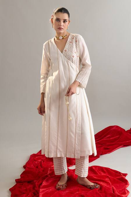 Anantaa By Roohi X AZA Off White Silk, Chanderi Gota Patti, Sequins, Embroidery Angarkha And Pant Set at Aza Fashions Anantaa By Roohi X AZA_Off White Silk, Chanderi Gota Patti, Sequins, Embroidery Angarkha And Pant Set _at_Aza_Fashions