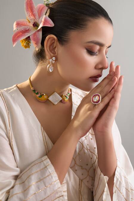 Shop Anantaa By Roohi X AZA Off White Silk, Chanderi Gota Patti, Sequins, Embroidery Angarkha And Pant Set Shop_Anantaa By Roohi X AZA_Off White Silk, Chanderi Gota Patti, Sequins, Embroidery Angarkha And Pant Set