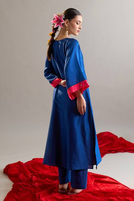 Buy_Anantaa By Roohi X AZA_Blue Silk, Chanderi Sequins, Pearls Round Embroidered Royal Kaftan And Pant Set _Online_at_Aza_Fashions