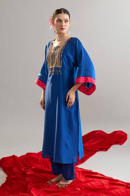 Anantaa By Roohi X AZA_Blue Silk, Chanderi Sequins, Pearls Round Embroidered Royal Kaftan And Pant Set _at_Aza_Fashions