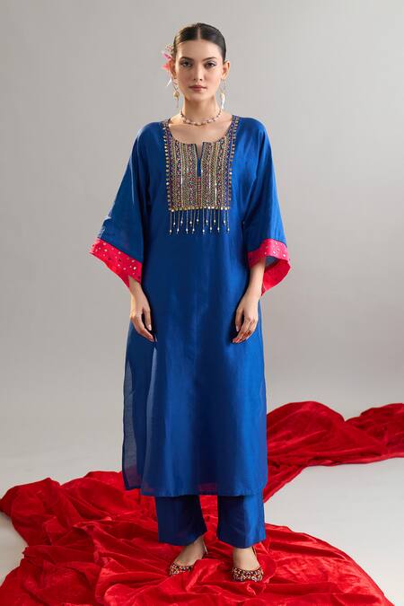 Buy_Anantaa By Roohi X AZA_Blue Silk, Chanderi Sequins, Pearls Round Embroidered Royal Kaftan And Pant Set 
