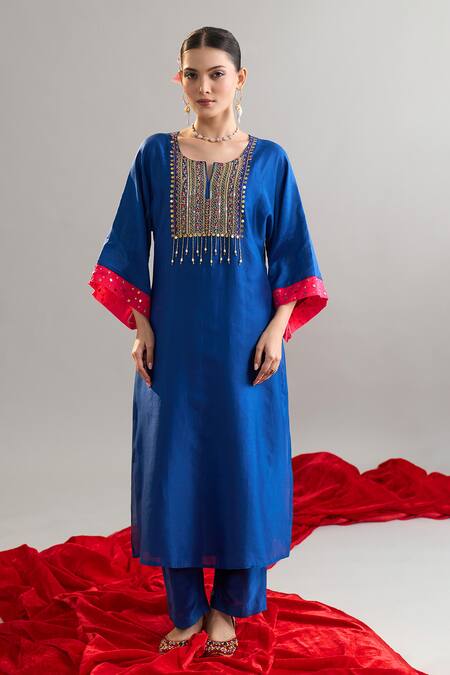 Shop_Anantaa By Roohi X AZA_Blue Silk, Chanderi Sequins, Pearls Round Embroidered Royal Kaftan And Pant Set 