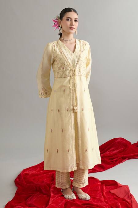 Anantaa By Roohi X AZA Yellow Silk, Chanderi Gota Patti, Sequins, Embroidery V-neck Light Kurta Set at Aza Fashions Anantaa By Roohi X AZA_Yellow Silk, Chanderi Gota Patti, Sequins, Embroidery V-neck Light Kurta Set _at_Aza_Fashions