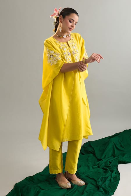 Buy_Anantaa By Roohi X AZA_Yellow Chanderi, Silk Sequins, Zari, Pearls, Cut Work, Kaftan And Pant Set _Online_at_Aza_Fashions