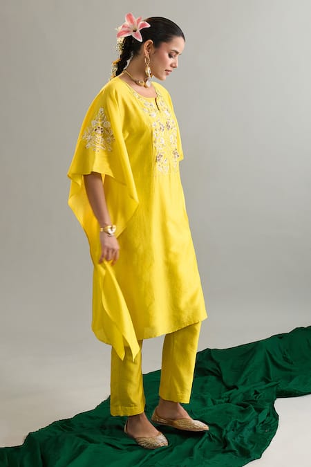 Shop_Anantaa By Roohi X AZA_Yellow Chanderi, Silk Sequins, Zari, Pearls, Cut Work, Kaftan And Pant Set _Online_at_Aza_Fashions
