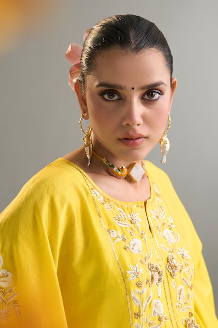 Anantaa By Roohi X AZA_Yellow Chanderi, Silk Sequins, Zari, Pearls, Cut Work, Kaftan And Pant Set _at_Aza_Fashions