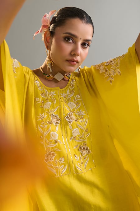Buy_Anantaa By Roohi X AZA_Yellow Chanderi, Silk Sequins, Zari, Pearls, Cut Work, Kaftan And Pant Set 