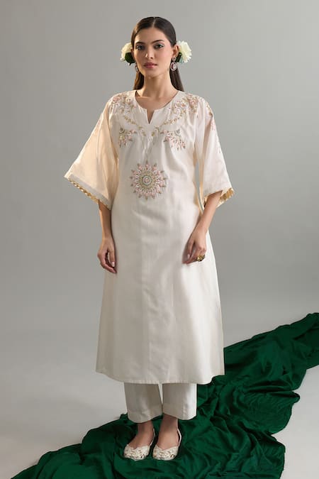 Buy_Anantaa By Roohi X AZA_Off White Silk, Silk, Sequins, Embroidery Kaftan And Pant Set _Online_at_Aza_Fashions