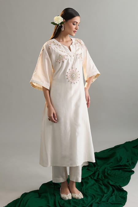 Shop_Anantaa By Roohi X AZA_Off White Silk, Silk, Sequins, Embroidery Kaftan And Pant Set _Online_at_Aza_Fashions