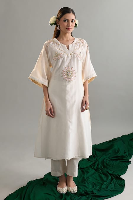 Anantaa By Roohi X AZA_Off White Silk, Silk, Sequins, Embroidery Kaftan And Pant Set _at_Aza_Fashions