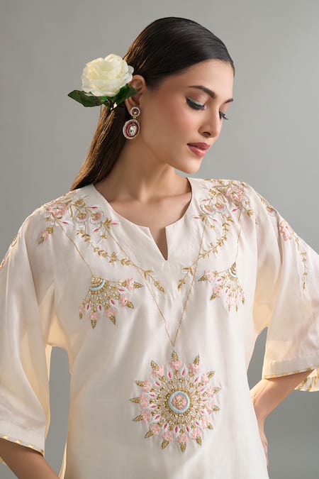 Buy_Anantaa By Roohi X AZA_Off White Silk, Silk, Sequins, Embroidery Kaftan And Pant Set 