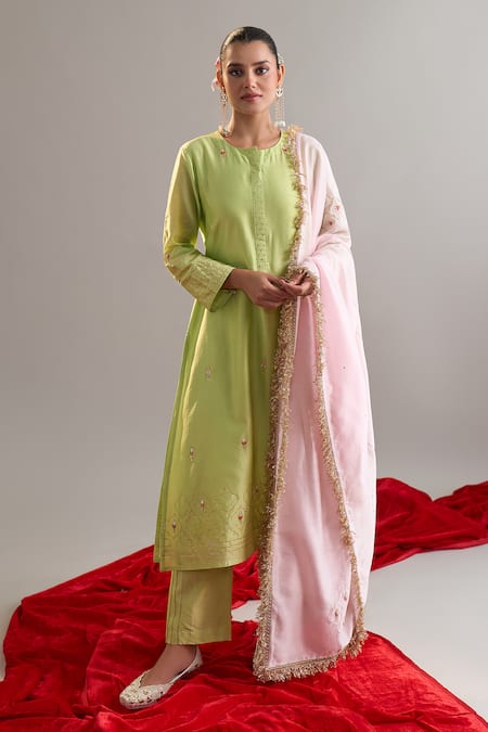 Anantaa By Roohi X AZA Green Silk, Chanderi Gota Patti, Sequins, Embroidery Round Neck Kurta Pant Set at Aza Fashions Anantaa By Roohi X AZA_Green Silk, Chanderi Gota Patti, Sequins, Embroidery Round Neck Kurta Pant Set _at_Aza_Fashions