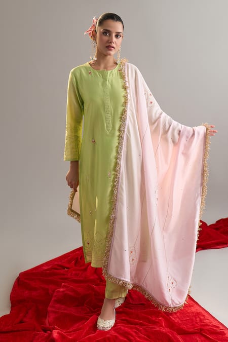 Anantaa By Roohi X AZA Green Silk, Chanderi Gota Patti, Sequins Round Neck Embroidered Kurta And Pant Set at Aza Fashions Anantaa By Roohi X AZA_Green Silk, Chanderi Gota Patti, Sequins Round Neck Embroidered Kurta And Pant Set _at_Aza_Fashions
