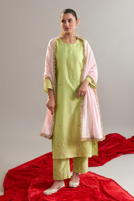 Buy Anantaa By Roohi X AZA Green Silk, Chanderi Gota Patti, Sequins Round Neck Embroidered Kurta And Pant Set Buy_Anantaa By Roohi X AZA_Green Silk, Chanderi Gota Patti, Sequins Round Neck Embroidered Kurta And Pant Set
