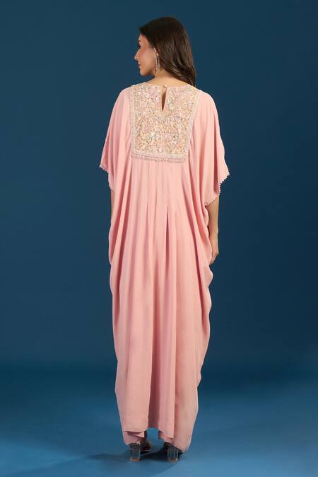 Tarun Tahiliani_Pink Embroidery, Sequins Round Neck Powder Blue Trouser Kurta Scarf _at_Aza_Fashions