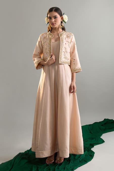 Buy Anantaa By Roohi X AZA Beige Silk, Chanderi Sequins, Pearls, Zari, Cut Work, Anarkali And Jacket Set Online at Aza Fashions Buy_Anantaa By Roohi X AZA_Beige Silk, Chanderi Sequins, Pearls, Zari, Cut Work, Anarkali And Jacket Set _Online_at_Aza_Fashions