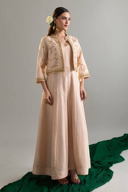 Shop Anantaa By Roohi X AZA Beige Silk, Chanderi Sequins, Pearls, Zari, Cut Work, Anarkali And Jacket Set Online at Aza Fashions Shop_Anantaa By Roohi X AZA_Beige Silk, Chanderi Sequins, Pearls, Zari, Cut Work, Anarkali And Jacket Set _Online_at_Aza_Fashions