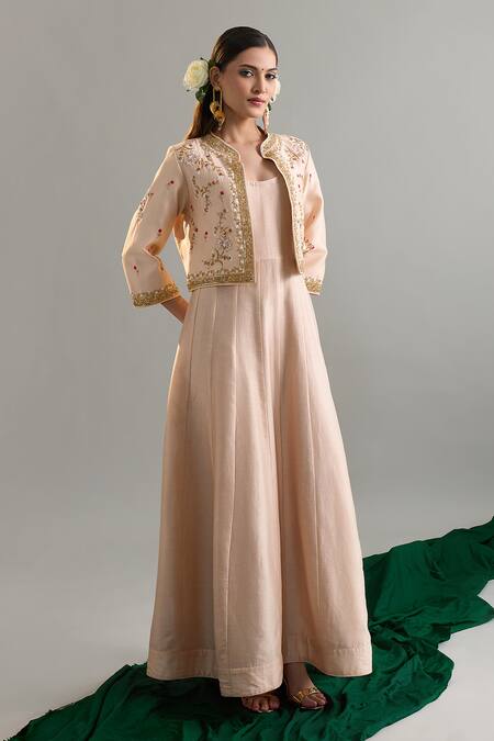 Anantaa By Roohi X AZA Beige Silk, Chanderi Sequins, Pearls, Zari, Cut Work, Anarkali And Jacket Set at Aza Fashions Anantaa By Roohi X AZA_Beige Silk, Chanderi Sequins, Pearls, Zari, Cut Work, Anarkali And Jacket Set _at_Aza_Fashions