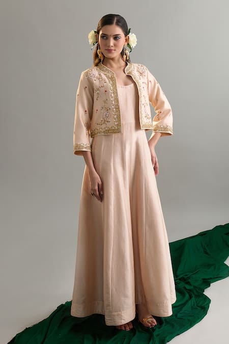 Shop Anantaa By Roohi X AZA Beige Silk, Chanderi Sequins, Pearls, Zari, Cut Work, Anarkali And Jacket Set Shop_Anantaa By Roohi X AZA_Beige Silk, Chanderi Sequins, Pearls, Zari, Cut Work, Anarkali And Jacket Set