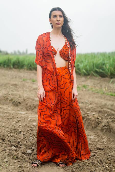 Shop_Gazab by Miku Kumar_Orange Organza Embroidery Open , Keyhole Designer Cape Set _Online_at_Aza_Fashions