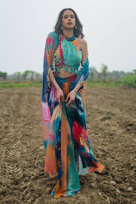 Gazab by Miku Kumar_Multi Color Organza Beads, Tassels High , Halter Cape Set _Online_at_Aza_Fashions