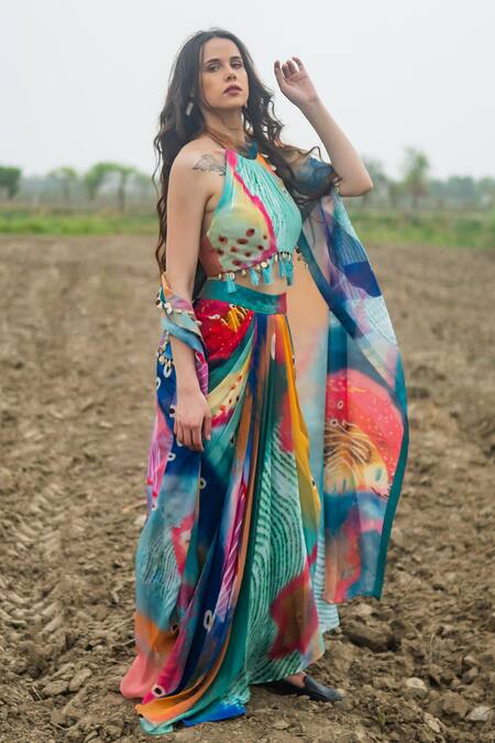 Gazab by Miku Kumar_Multi Color Organza Beads, Tassels High , Halter Cape Set _at_Aza_Fashions