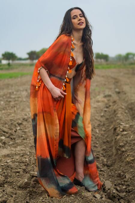 Shop_Gazab by Miku Kumar_Orange Organza Bandeau Neck Amber Drift Cape Set _Online_at_Aza_Fashions