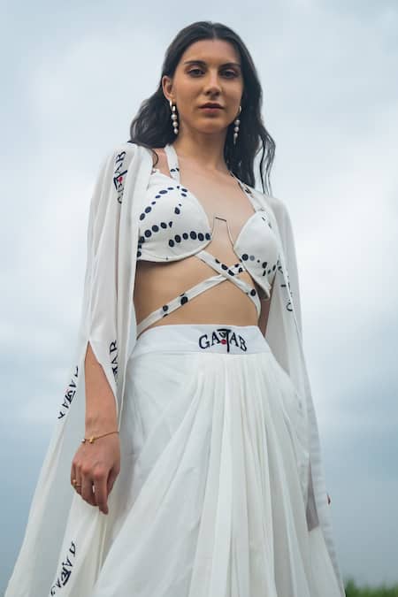 Shop_Gazab by Miku Kumar_Ivory Organza Embroidery Halter Neck Cape Set _Online_at_Aza_Fashions