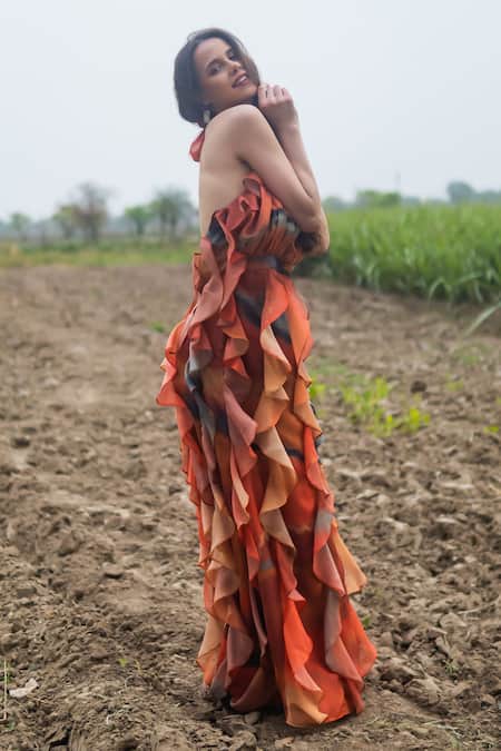 Shop_Gazab by Miku Kumar_Red Organza Multi Color Ruffled Maxi Dress _Online_at_Aza_Fashions