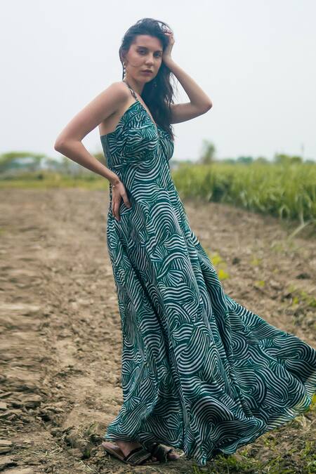 Buy_Gazab by Miku Kumar_Green Organza Halter Neck Palm Escape Maxi Dress _Online_at_Aza_Fashions