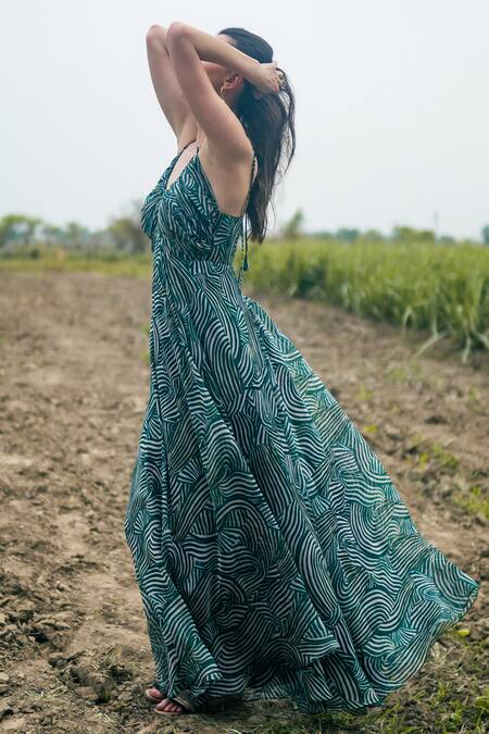 Shop_Gazab by Miku Kumar_Green Organza Halter Neck Palm Escape Maxi Dress _Online_at_Aza_Fashions