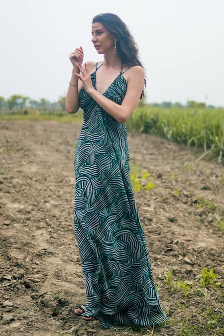 Gazab by Miku Kumar Green Organza Halter Neck Palm Escape Maxi Dress 