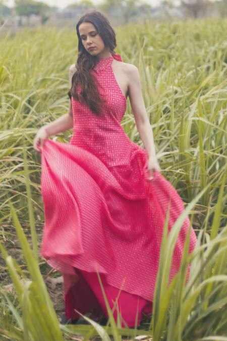 Buy_Gazab by Miku Kumar_Pink Organza Halter Neck Designer Maxi Dress _Online_at_Aza_Fashions