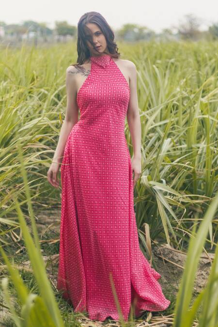 Shop_Gazab by Miku Kumar_Pink Organza Halter Neck Designer Maxi Dress _Online_at_Aza_Fashions